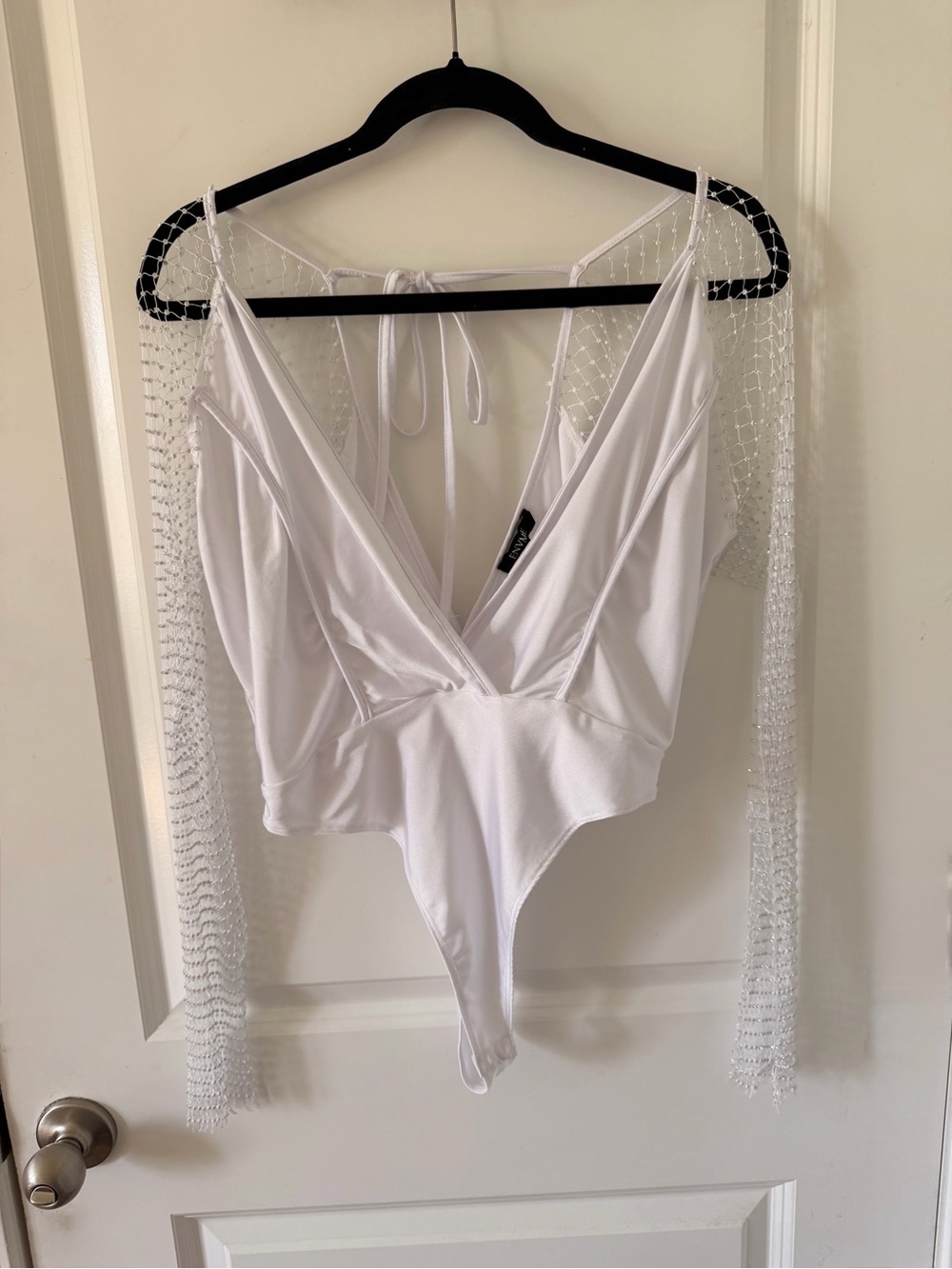 White Deep V Satin-Blend Bodysuit with Sheer Beaded Sleeves